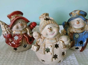 Snowman Family candle holders Gold Trim ,wearing Hats And Scarfs - Picture 1 of 8