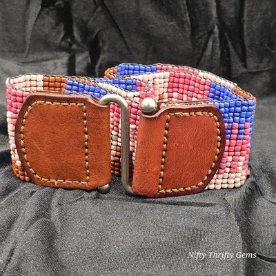 Cinturón elástico con cuentas fósiles con cuero genuino multicolor talla mediana Y2K Foto 1 de 4