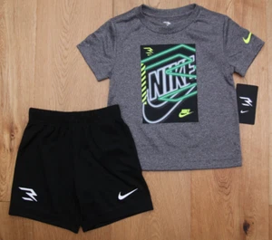 Nike Toddler Boy 2 Piece Shirt & Shorts Set ~Gray, Black, Green & White ~DRI-FIT - Picture 1 of 3