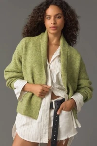 Anthropologie Flat White Ribbed Roll Collar Cardigan One Size Light Green NWT - Picture 1 of 8