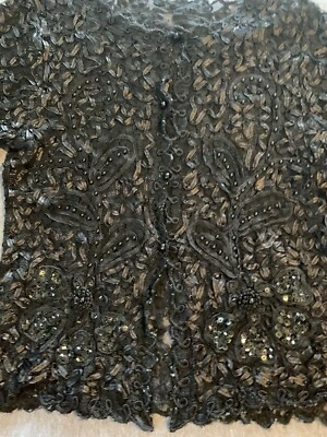 Cardigã vintage anos 80 vitoriano com miçangas renda intrincada fita gótica boho G - Imagem 1 de 4