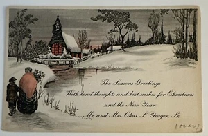 Vintage Victorian Christmas Card - Family Walking Near River Snow Church - Picture 1 of 2