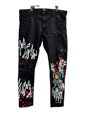 Pantalones de mezclilla Smoke Rise para hombre 40x34 negros motociclista ajustados llamas graffiti elásticos Foto 1 de 4