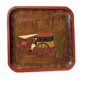 Japanische geätzte geschnitzte Holzschale Sammlerstück Japan Pferd Buggy Mann Baum 8 x 8 Zoll - Bild 1 von 14