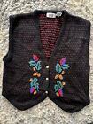 Lucia Sleeveless Cardigan sweater Vest Black Embroidered Floral Size Medium