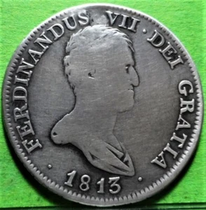 Rare, FERNANDO VII, 4 Reales, 1813, MADRID -GJ , Silver, SPAIN, Restored hole - Picture 1 of 2