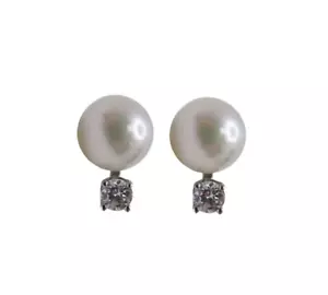 14K White Gold Cultured Pearl Diamond Earrings - Picture 1 of 8