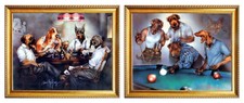 Dogs Playing Pool Dan And Poker Cards Two Set Golden Framed 8x10 Wall Decor Art