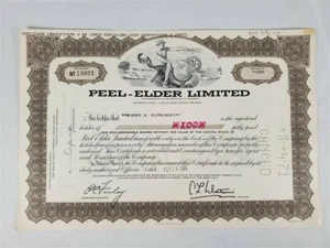 Peel-Elder Limited Stock Certificate 100 Shares Sep. 24, 1969 - Duplicate Copy - Picture 1 of 2