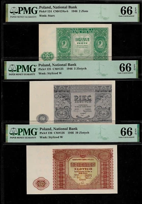 Poland Set 3 Banknotes 2,5,10 Zlotych 1946 PMG 66 EPQ UNC P#124,125,126 - Image 1 of 4