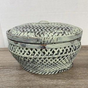 Cesto contenitore ovale bambù con coperchio tessuto verde vintage alto 6" - Foto 1 di 13