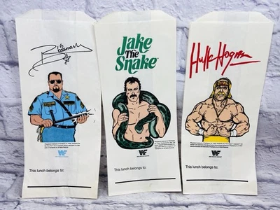 Vtg Lot Of 3 WWF Paper Lunch Bag Hulk Hogan Big Bossman Jake SnakeWrestling 1991 - Image 1 of 4