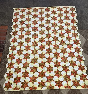 Vintage Fall Leaf Star, Quilt, Orange, Brown, Yellow, And White Used -Handmade - Image 1 of 4