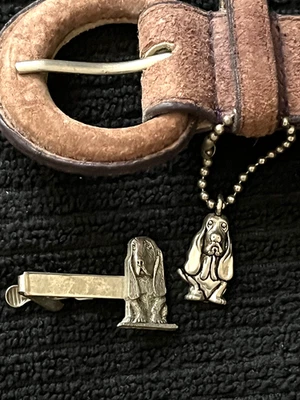 Vintage Hush Puppies Beagle tie clip and beige suede belt, M , 1",  Logo Charm - Image 1 of 4