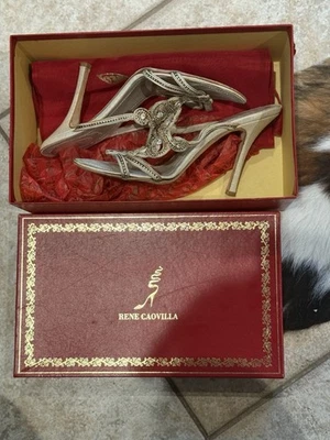 Sandalia Rene Caovilla con joyas, oro champán, adornada con cristal, tacón alto Foto 1 de 4