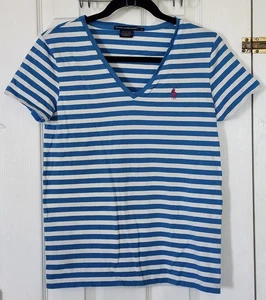 RALPH LAUREN SPORT Woman Short Sleeve Blue Striped V-neck Top Size L Pima Cotton - Picture 1 of 4