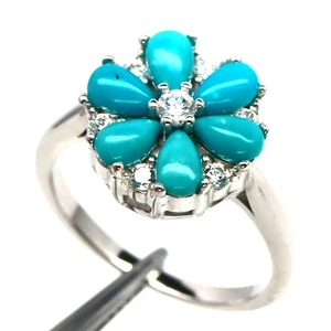 925 Silver 3 x 5 MM. Blue Turquoise & Cubic Zirconia Birthstone Ring Size 5.75 - Picture 1 of 4