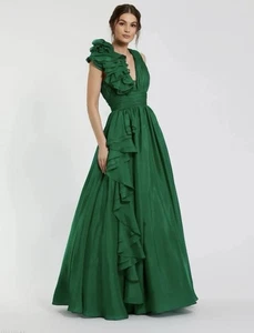 Mac Duggal 48856 Sz 12 Emerald Green Ruffle Chiffon Long Ball Gown $458 - Picture 1 of 14