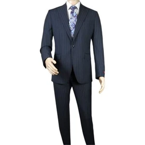 Traje de Hombre BERLUSCONI Lana Italiana Años 180 Pin Rayas Un Botón Pico UGS95-01 Azul Marino - Imagen 1 de 16