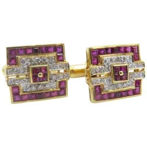 Awesome Art Deco Princess Cut Red Ruby & Round Cut CZ Men's Beautiful Cuff Links - Picture 1 of 3