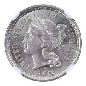 1881-P Three Cent Nickel NGC MS65 - Picture 1 of 4