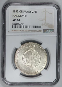 Top Pop! 1832 Germany Hannover Silver 2/3 Thaler 1832 NGC MS61 UNC - Picture 1 of 2