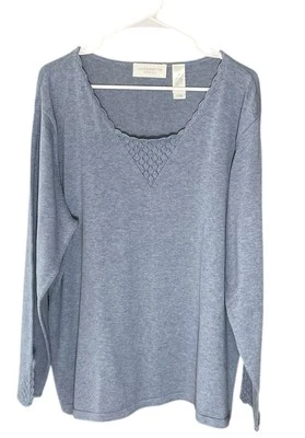 Nuevo con etiquetas Top Liz Claiborne Mujer 2X Azul Gris Tejido Manga Larga Encaje Ribete Capa Básica Foto 1 de 4