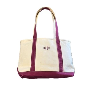 LL Bean Med Boat & Tote Canvas Bag USA Purple Embroidered KJA Zip Top Long Strap - Picture 1 of 9