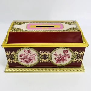 VTG MCM LINETTE GERMANY PINK FLORAL & GOLD METAL TIN TRINKET BOX/TISSUE/BANK - Picture 1 of 11