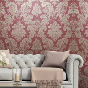 Burgundy Gold Metallic Wallpaper Victorian Damask faux textile textures rolls 3D - Picture 1 of 11