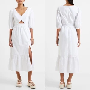 NEW FRENCH CONNECTION White RHODES Poplin CUTOUT WAIST Ruffle Hem MIDI DRESS S - Picture 1 of 12