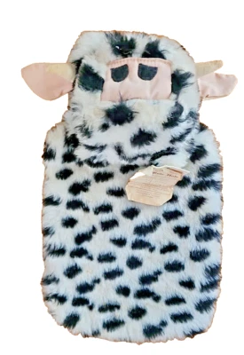 Vintage Hot Water Bottle Plush Cow Cover Black & White Pink Satin Ears Fun Gift! - Image 1 of 4
