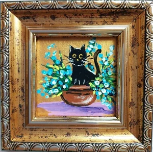 Pintura Gato Negro Original Arte Enmarcado Divertido Lindo Gatito en Jarrón con Flores - Imagen 1 de 10