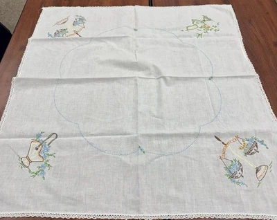 VTG Blue Floral Flower Pail Basket German Spring Hand Embroidered Tablecloth 36” - Image 1 of 4