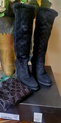 Authentic Gucci Black Suede Monogram Shearling Lined Tall High Heel Boots 9.5 - Image 1 of 4