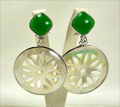 ORECCHINI IN ARGENTO 925 CON GIADA VERDE QUADRATA  E MADREPERLA TONDA   AGHT 056 - Immagine 1 di 3