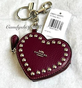 NEW COACH Pebbled Leather Heart Pouch W/Rivets Key Ring Bag Charm DEEP BERRY - Picture 1 of 4