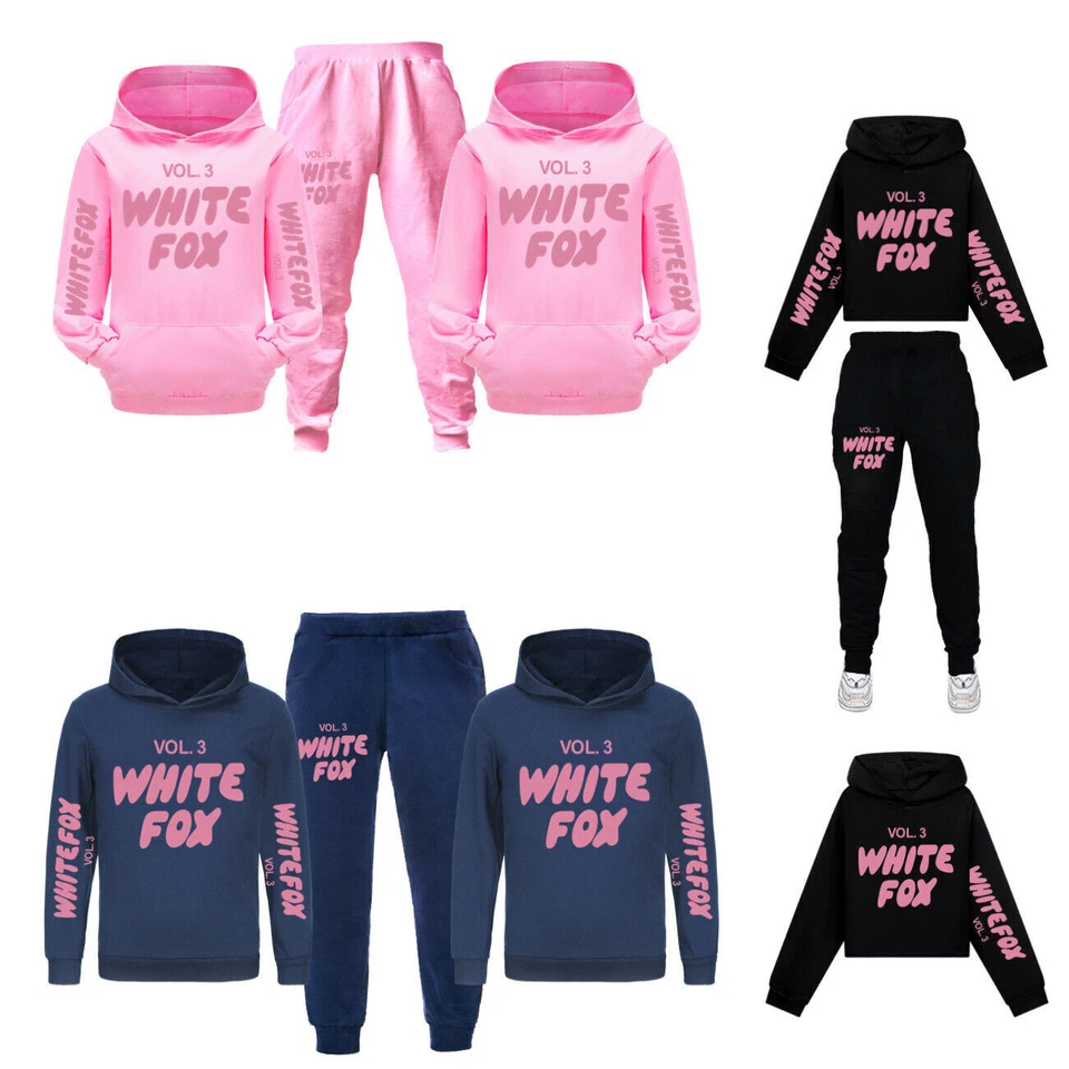 Girls White Print Foxes Hoodie Tracksuit Set Hooded Sweatshirt Pullover Outfits