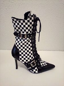 Funtaism Women Black White Check Faux Patent Leather Zip 3 3/4" Heel Boots Sz 7