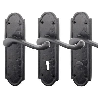 Black Iron Door Handles, Black Antique Bathroom, Latch & Key Lock Sets - Image 1 of 4