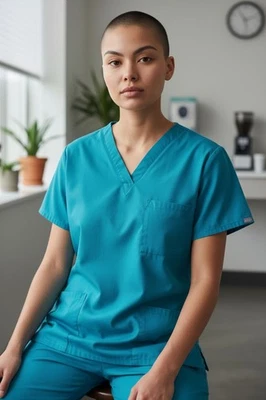 Hospital Scrubs Unisex 1 Reversible V Neck Top & 12 Drawstring Pants Blue S - Image 1 of 3