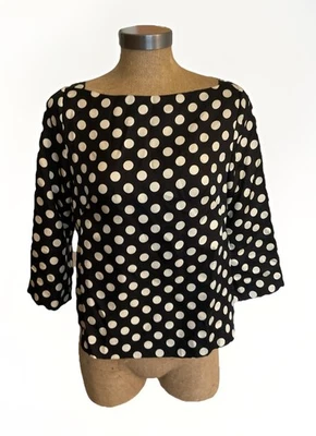 Blusa para mujer J.CREW negra y marfil a lunares 100 % seda cuello barco talla 4 Foto 1 de 4