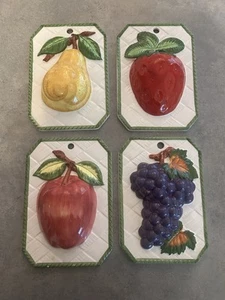 Vtg MCM Ceramic Fruit Wall Decor 3D Plaques Set 4 Japan Apple Pear Grapes - Picture 1 of 9