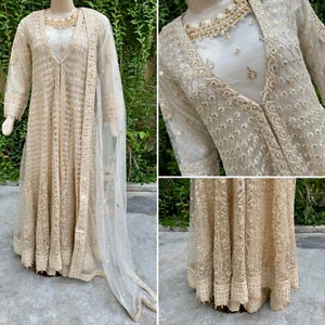 Pakistani Off White Gown Maxi Style Embroidered Sequins Grip & Net Dress,S - Picture 1 of 11