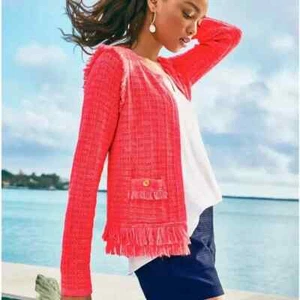 NWT Large Lilly Pulitzer Simora Cardigan Spisy Coral Exotic Tweed + Fringe - Picture 1 of 11