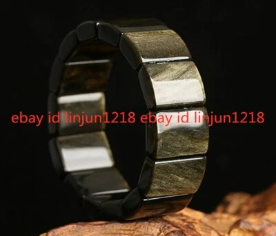 Brazalete elástico con cuentas rectangulares de obsidiana ojo arco iris oro natural AAA de 7,5"" Foto 1 de 4