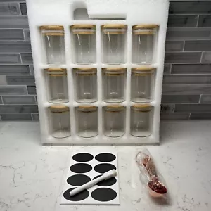 NEW 12 Pcs Round Glass Spice Jars with Natural Bamboo Lids - w/Labels & Marker - Picture 1 of 15