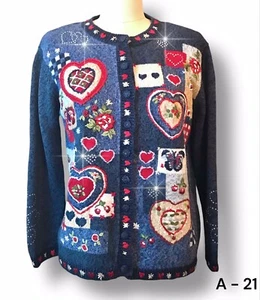 Heirloom Collectibles Blue Vtg Valentine Hearts Rhinestones Sweater Women's Sz M - Picture 1 of 13