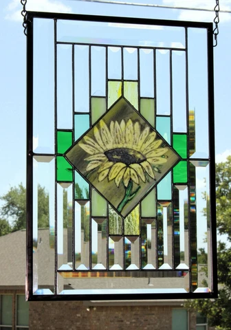 Stained glass sunflower with bevels window panel hanging 16 3/8x11 3/8 (42x29cm) Cover