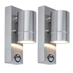 Set of 2 Stainless Steel Down GU10 Motion Sensor IP44 Outdoor Porch Wall Light - Picture 1 of 6